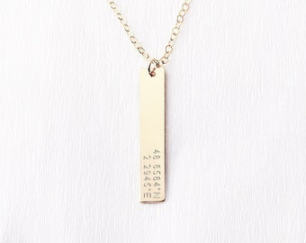 Coordinates bar necklace - vertical bar necklace - personalised wedding gift - gift for her - long gold bar necklace - longitude latitude