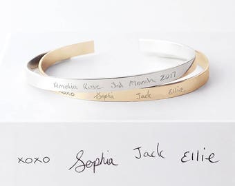 Your Handwriting Cuff Bracelet - actual handwriting personalised cuff - 14k gold fill / sterling silver bangle - child handwriting bracelet