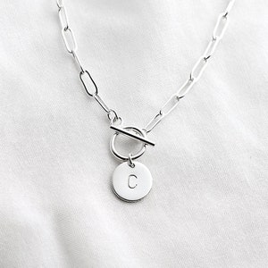 Sterling Silver Paperclip Chain Necklace with Initial - silver T-bar necklace - initial disc necklace - silver rectangle link necklace