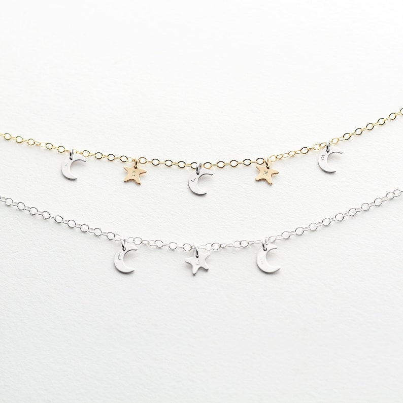 Moon And Stars Family Initials Bracelet 14k gold filled, sterling silver celestial jewellery gift for mum image 3