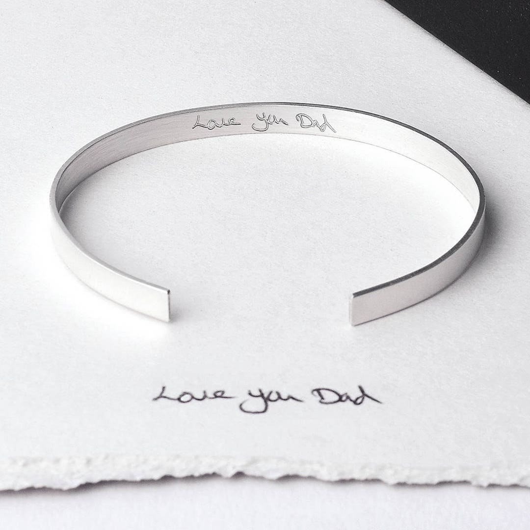 Men's Cuff Bracelet Handwriting Bracelet for Men Sterling Silver Bangle
