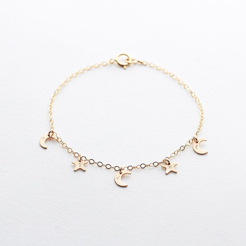 Moon And Stars Family Initials Bracelet 14k gold filled, sterling silver celestial jewellery gift for mum image 2