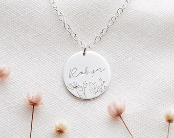 Personalisierte Blumen Namensscheibe Halskette - botanische Halskette, Gold fill oder Sterling Silber - Halskette für Mama - Name Halskette für Tochter