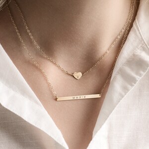 Heart and skinny bar layering necklace set personalised bar necklace gold initial necklace heart necklace gift for her image 1