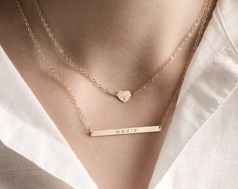 Heart and skinny bar layering necklace set - personalised bar necklace - gold initial necklace - heart necklace - gift for her