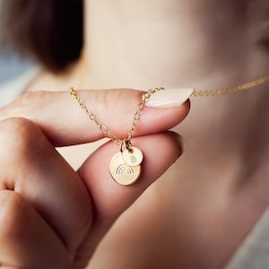 Personalised 14k Gold Filled Rainbow Necklace initial disc necklace rainbow charm gift for her hand stamped disc image 1