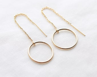 Circle Threader Earrings in 14k gold fill -  gold hoops - long chain earrings - minimal hoop earrings - dangle earrings - gold threaders