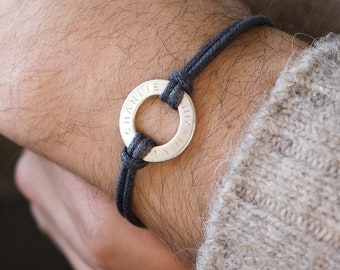 Men's Personalised Cord Washer Bracelet -  sterling silver men's bracelet - vegan cord bracelet - engraved bracelet for him