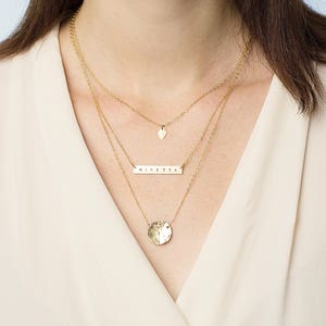 Set of 3 layered necklaces personalised layering necklaces gold bar necklace initial necklace hammered disc necklace gift set image 1