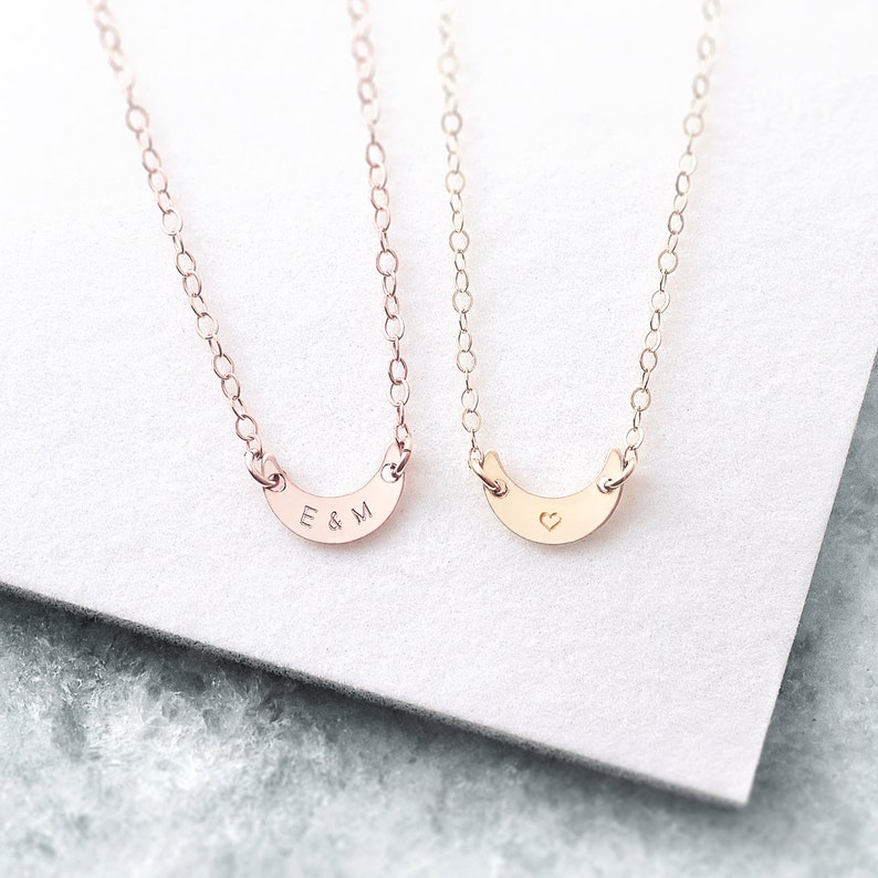 Personalised gift for her 14k gold fill and rose gold initial necklace moon necklace crescent necklace bridesmaid gift image 1