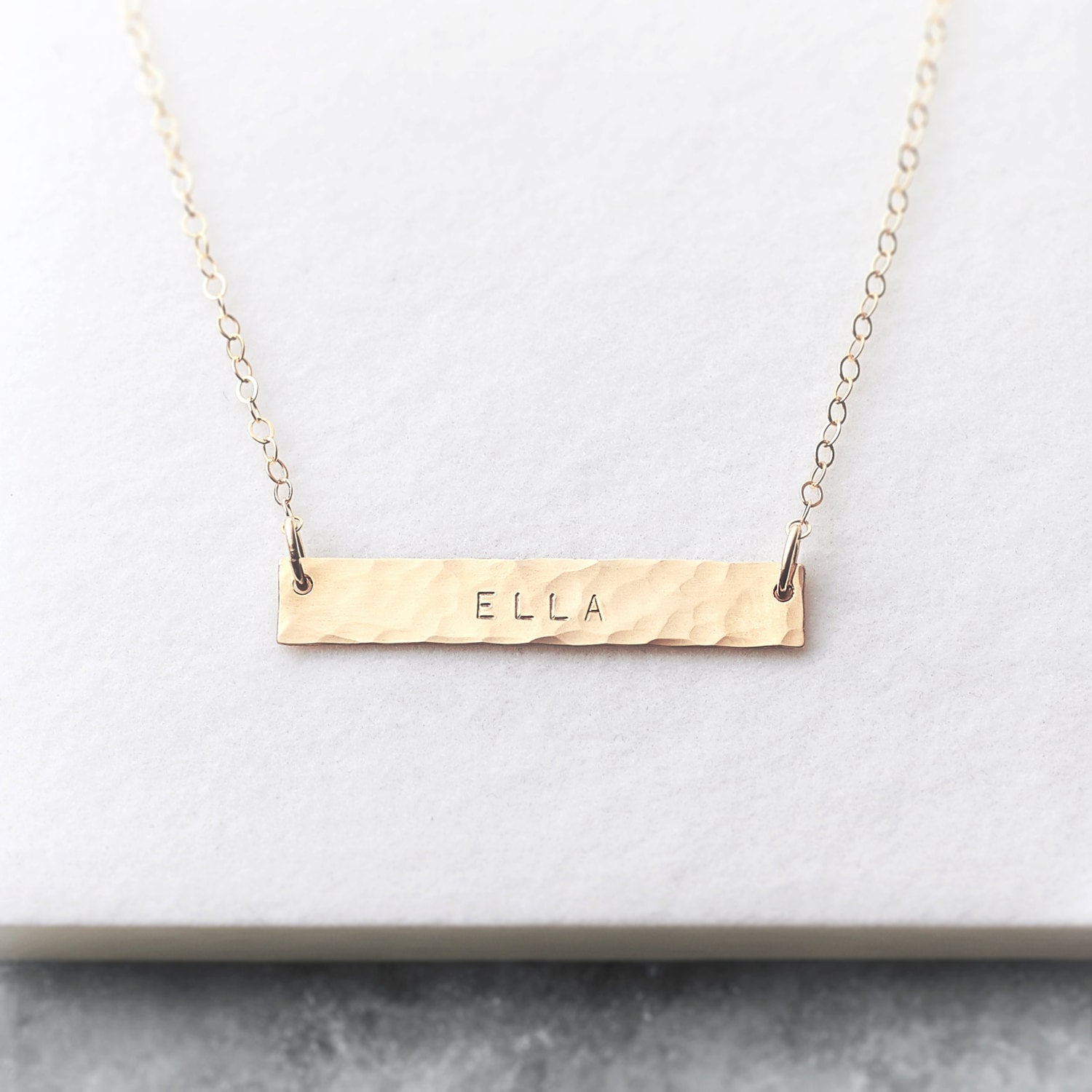 Personalised Hammered Bar Necklace 14k 