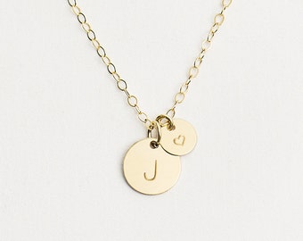 Personalised Heart Initial Necklace - multi disc necklace - gold initial jewellery - gift for her - personalised disc necklace