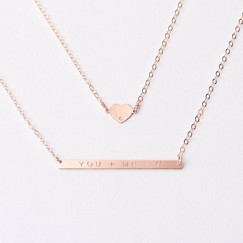 Heart and skinny bar layering necklace set personalised bar necklace gold initial necklace heart necklace gift for her image 2