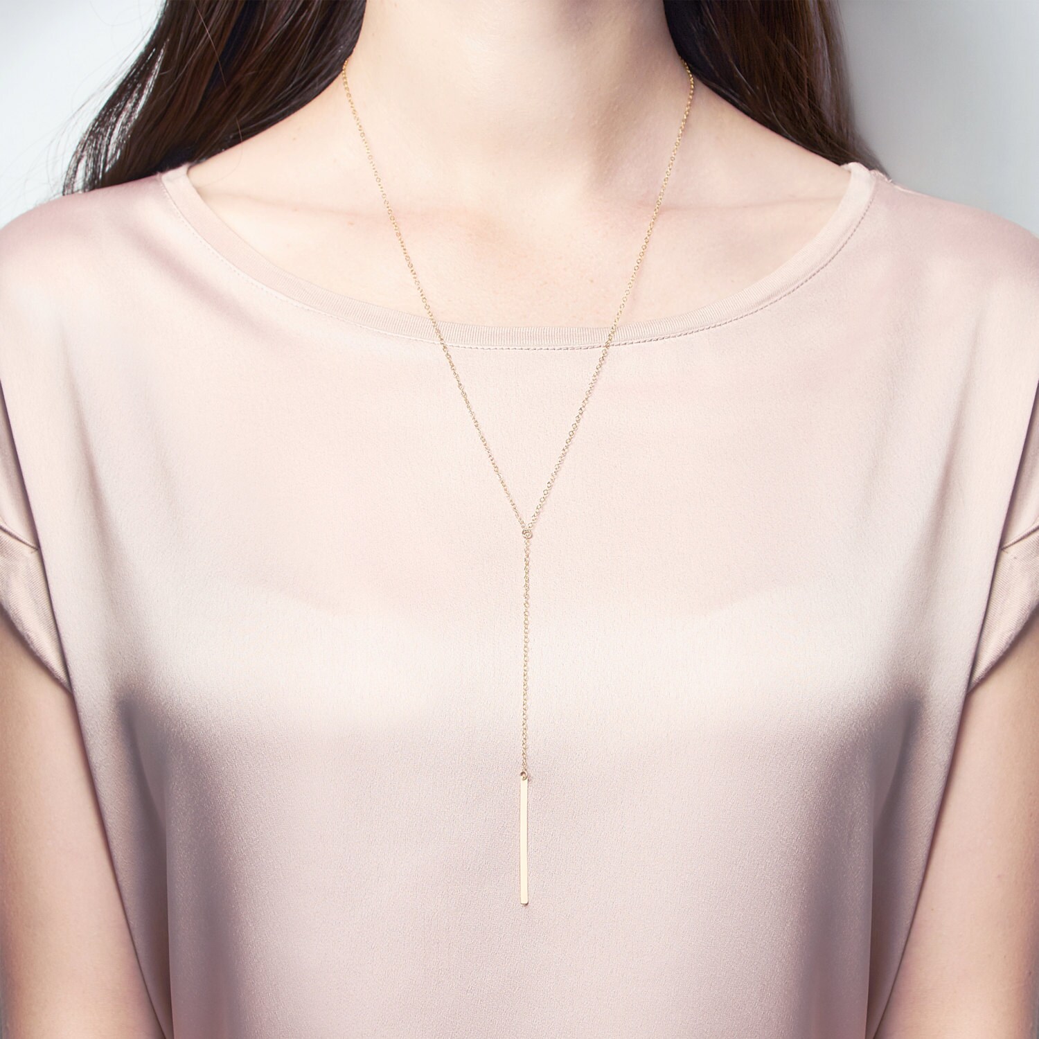Long Gold Bar Lariat Necklace Gold Y 