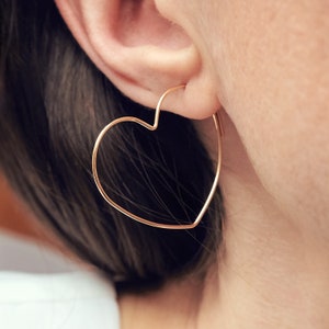 Statement Heart Hoop Earrings In 14k Gold Fill large hoop earrings heart earrings minimal hoops valentine's earrings image 2