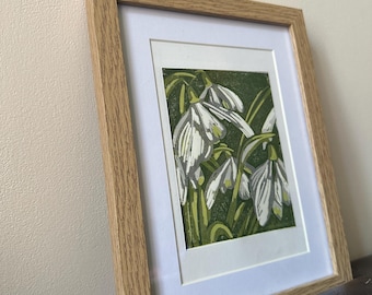 Original Snowdrop Lino Print, Handmade Winter Botanical Wall Art, Layered Floral Linocut