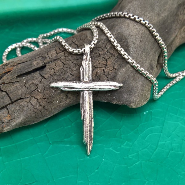 Sterling Silver Weathered Wood Cross Necklace, Mens Cross Necklace, Rustic Cross, Sterling Silver Cross, Distressed Cross, Christian Jewelry