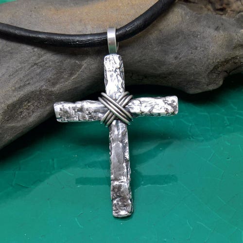 Mens Tree Bark Cross Sterling Silver 