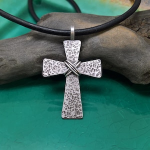 Handmade Hammered Sterling Silver Cross Necklace - Rustic Leather Cord, Mens Christian Jewelry