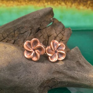 Handcrafted Copper Plumeria Post Earrings: Tropical Hawaiian Flower Studs