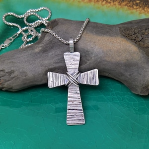 Mens Hammered Sterling Silver Cross Necklace: Rustic Christian Jewelry