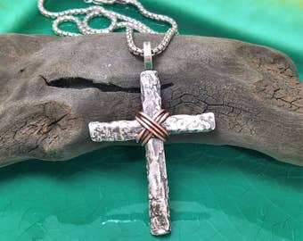 Mens Sterling Silver Tree Bark Cross, Mens Silver Cross Necklace,Cross Necklace Man,Mens Cross Jewelry,Christian Jewelry,Christian Necklace