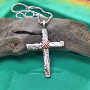 Mens Sterling Silver Cross Necklace: Rustic Tree Bark Design with Center Wire Wrap