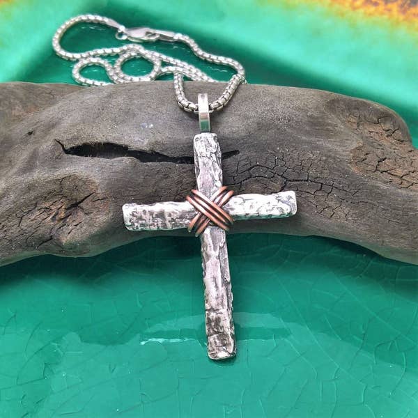 Mens Sterling Silver Tree Bark Cross, Mens Silver Cross Necklace,Cross Necklace Man,Mens Cross Jewelry,Christian Jewelry,Christian Necklace