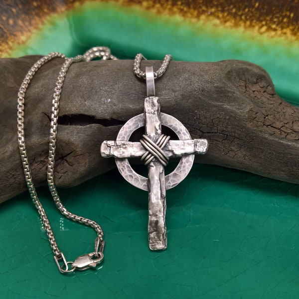 Mens Sterling Silver Celtic Cross, Mens Cross Necklace, Mens Celtic Cross, Rugged Cross, Rustic Celtic Cross, Tree Bark Cross, Cross Jewelry