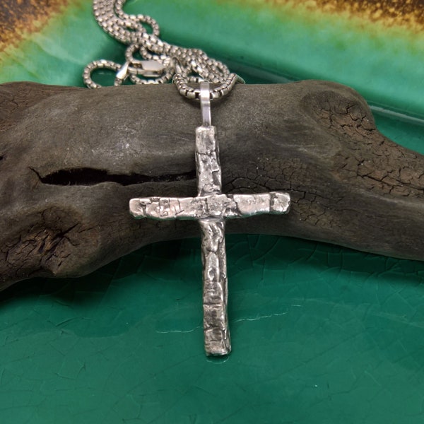 Mens Cross Necklace - Sterling Silver Tree Bark Design with Chain