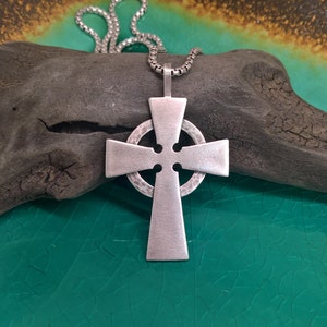 Mens Celtic Cross Necklace: Sterling Silver with Rustic Hammered Design