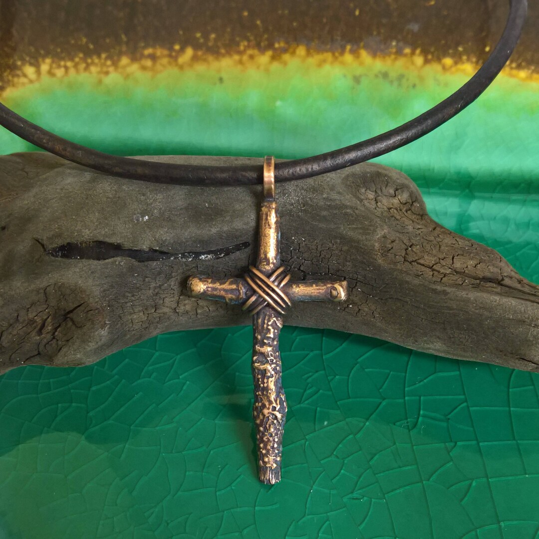 Mens Cross Necklace, Bronze Tree Branch Cross, Mens Bronze Cross, Mens
