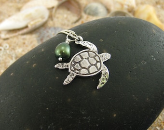 Collar de tortuga marina de plata de ley hecho a mano: dije intercambiable, joyería de playa