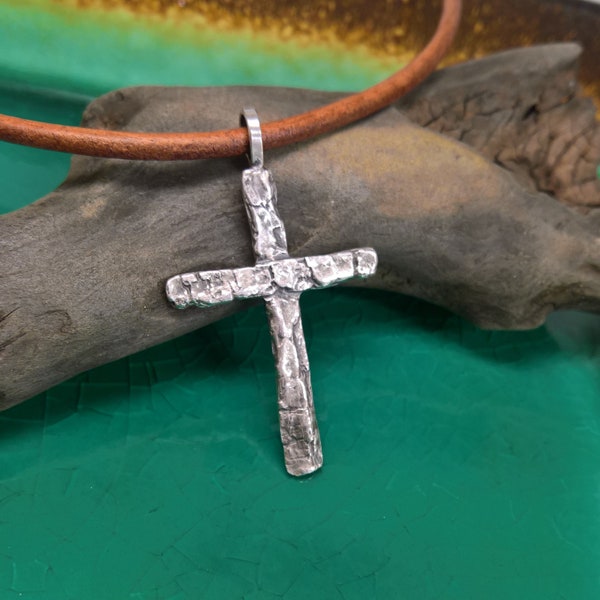 Mens Tree Bark Cross Necklace: Rustic Sterling Silver Pendant, Leather Cord
