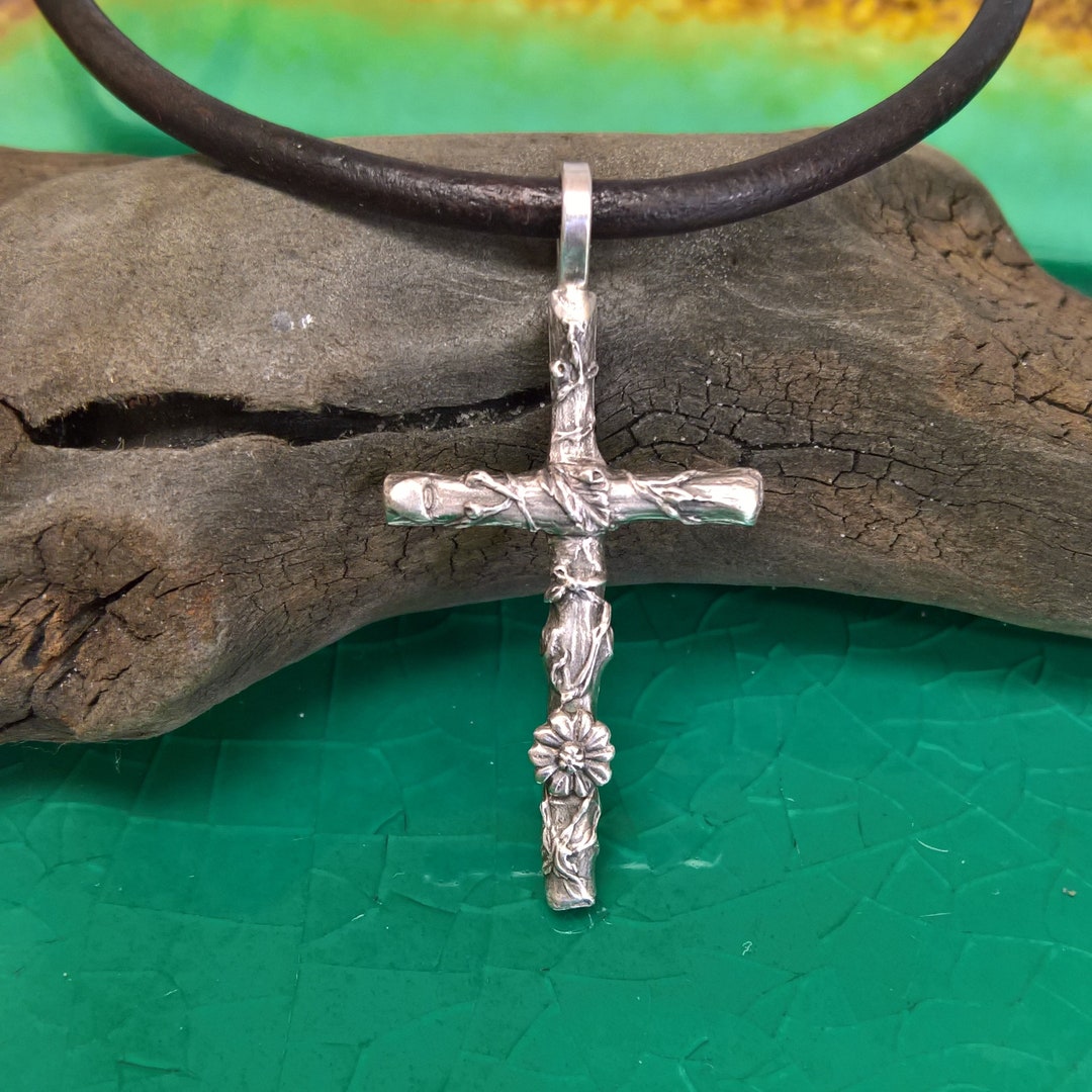 Sterling Silver Twig Cross With Vines and Flowers on Leather Cord ...