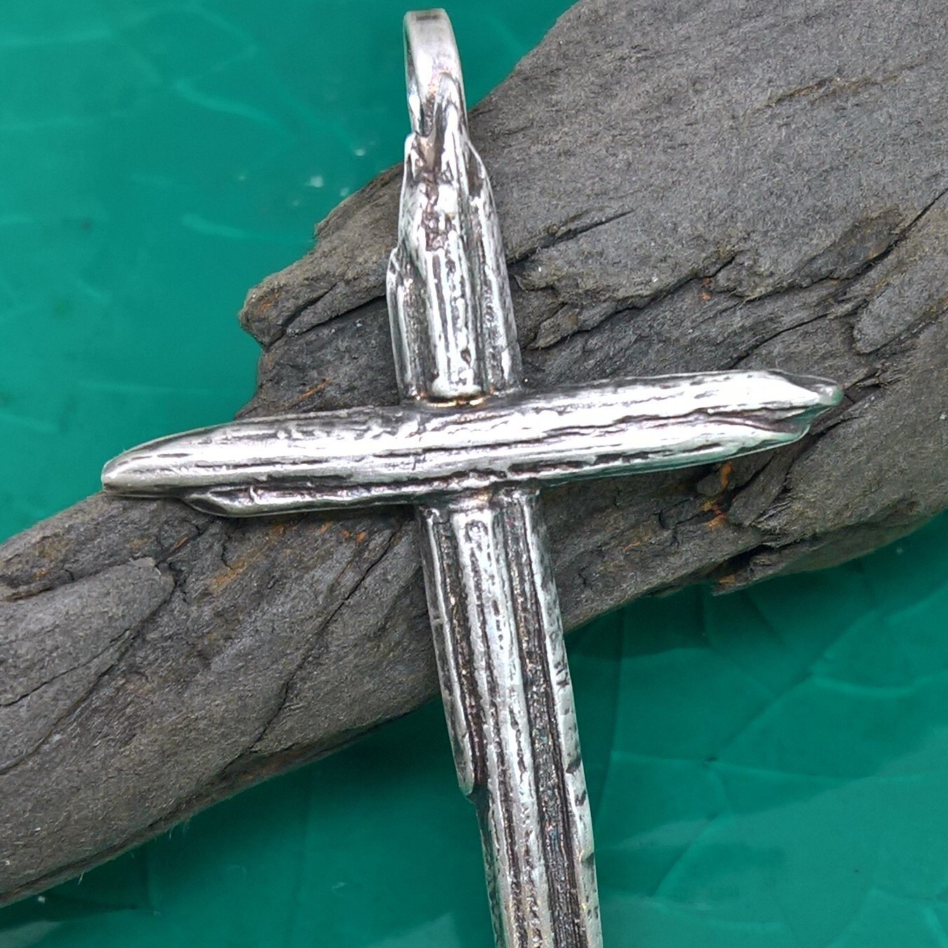 Sterling Silver Weathered Wood Cross Necklace, Mens Cross Necklace