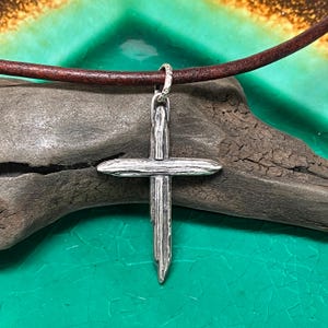 Mens Sterling Silver Cross Necklace - Rustic Weathered Wood Design with Leather Cord