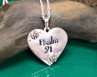 Womens Sterling Silver Scripture Necklace, Psalm 91, Silver Heart Necklace, Bible Verse Necklace, Scripture Jewelry, Christian Jewelry