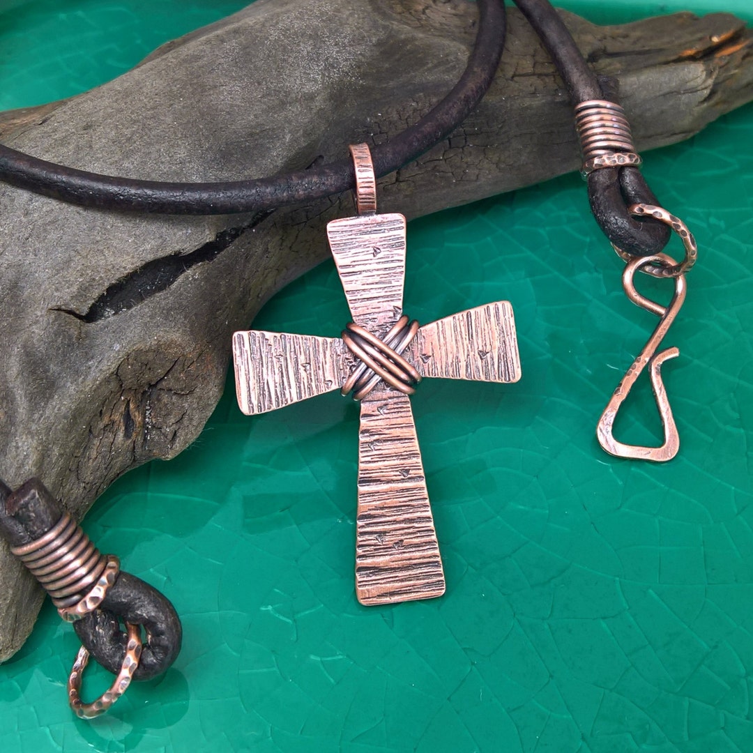 Mens Cross Necklace Mens Copper Cross Mens Hammered Cross Etsy