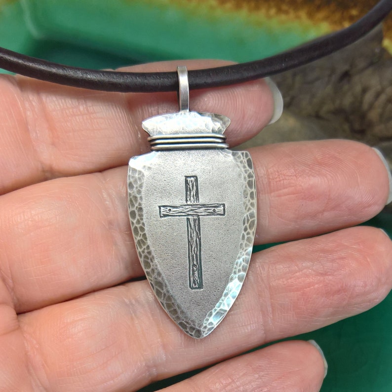 Mens Sterling Silver Arrowhead on Leather Cord Hammered Etsy