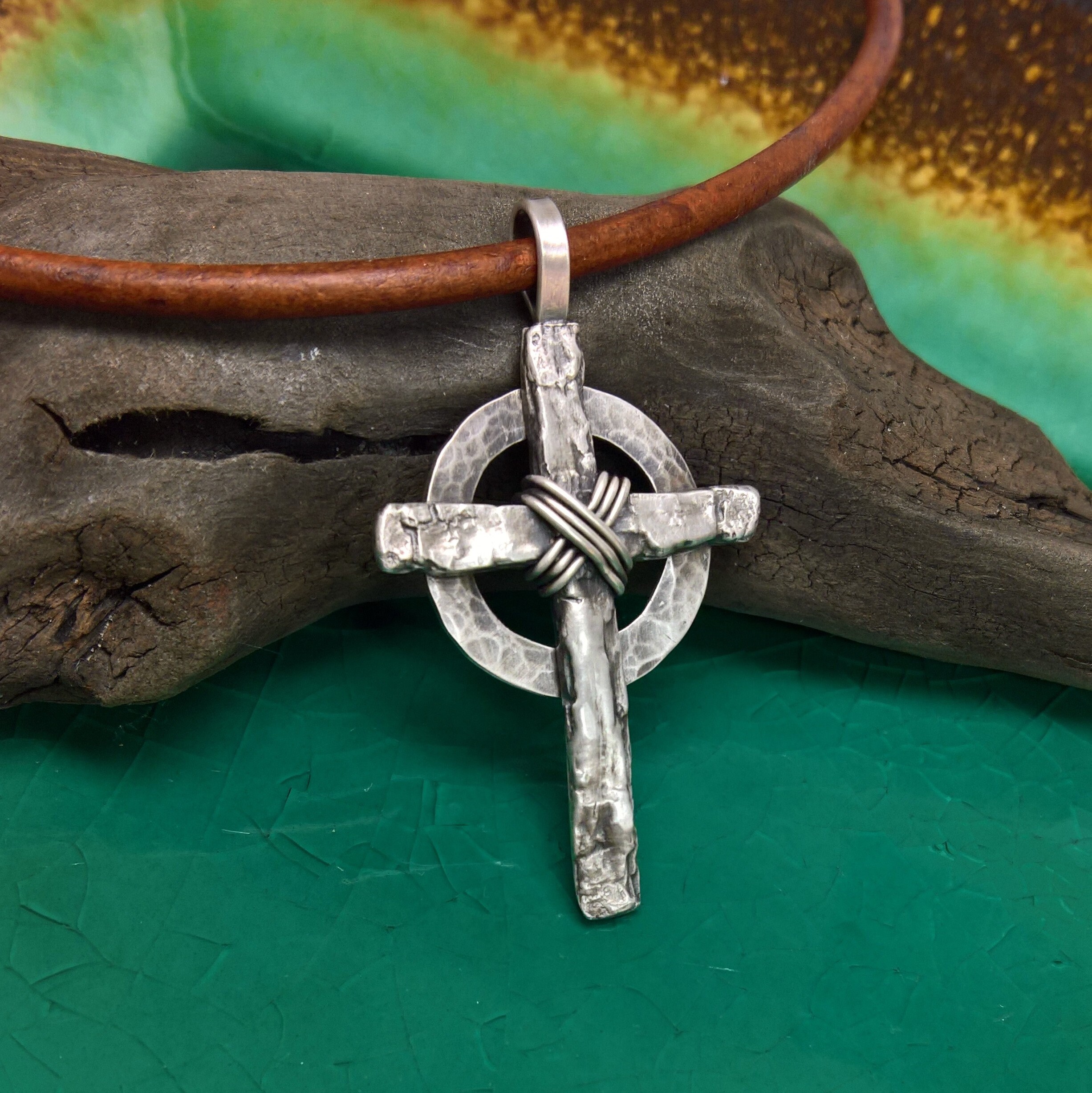 Mens Sterling Silver Celtic Cross Necklace: Rustic Tree Bark Pendant with Leather Cord