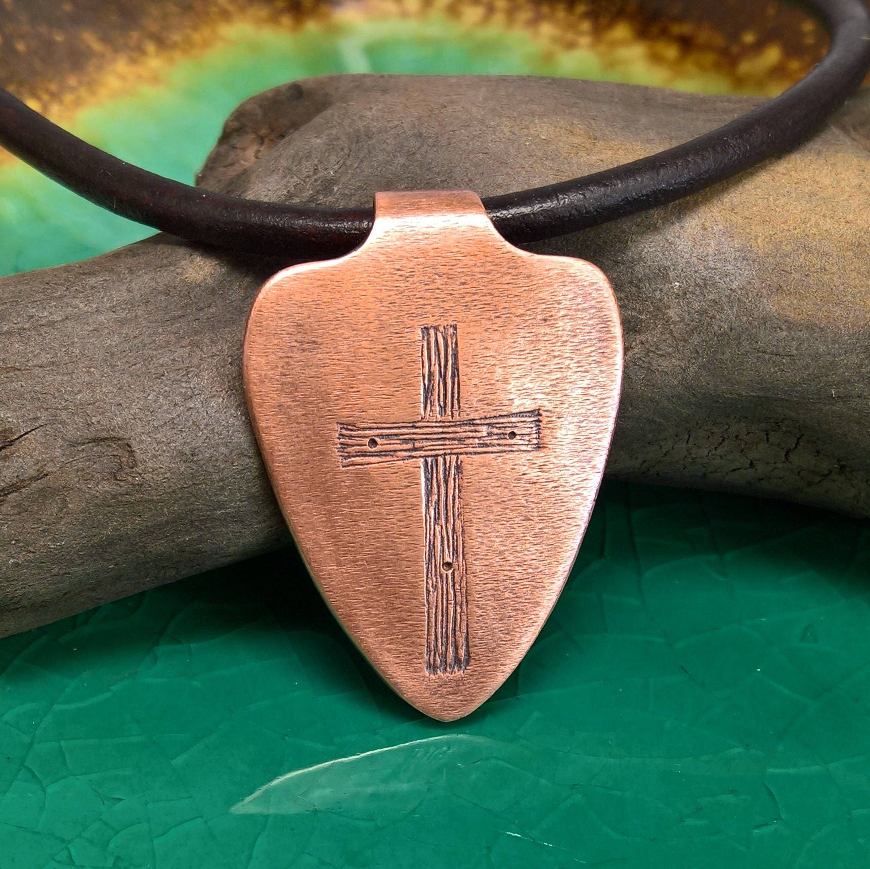 Mens Copper Cross and Shield Necklace, Mens Cross Necklace, Shield of Faith, Rustic Cross, Christian Jewelry, Mens Shield Pendant