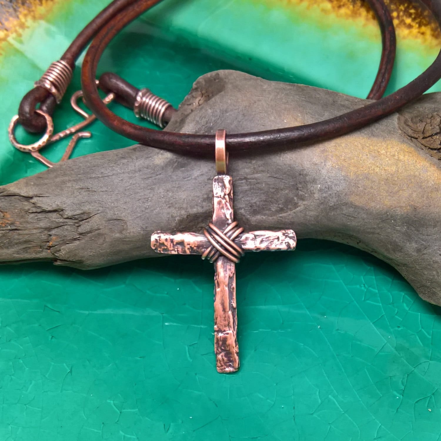 Sterling Silver Weathered Wood Cross Necklace, Mens Cross Necklace