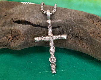 Womens Sterling Silver Cross Necklace: Rustic Woodland Style; Twig with Vines and Flowers