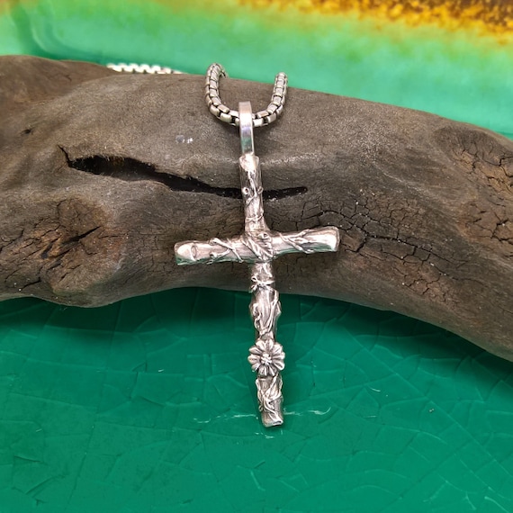 Womens Sterling Silver Cross Necklace: Rustic Woodland Style; Twig with Vines and Flowers