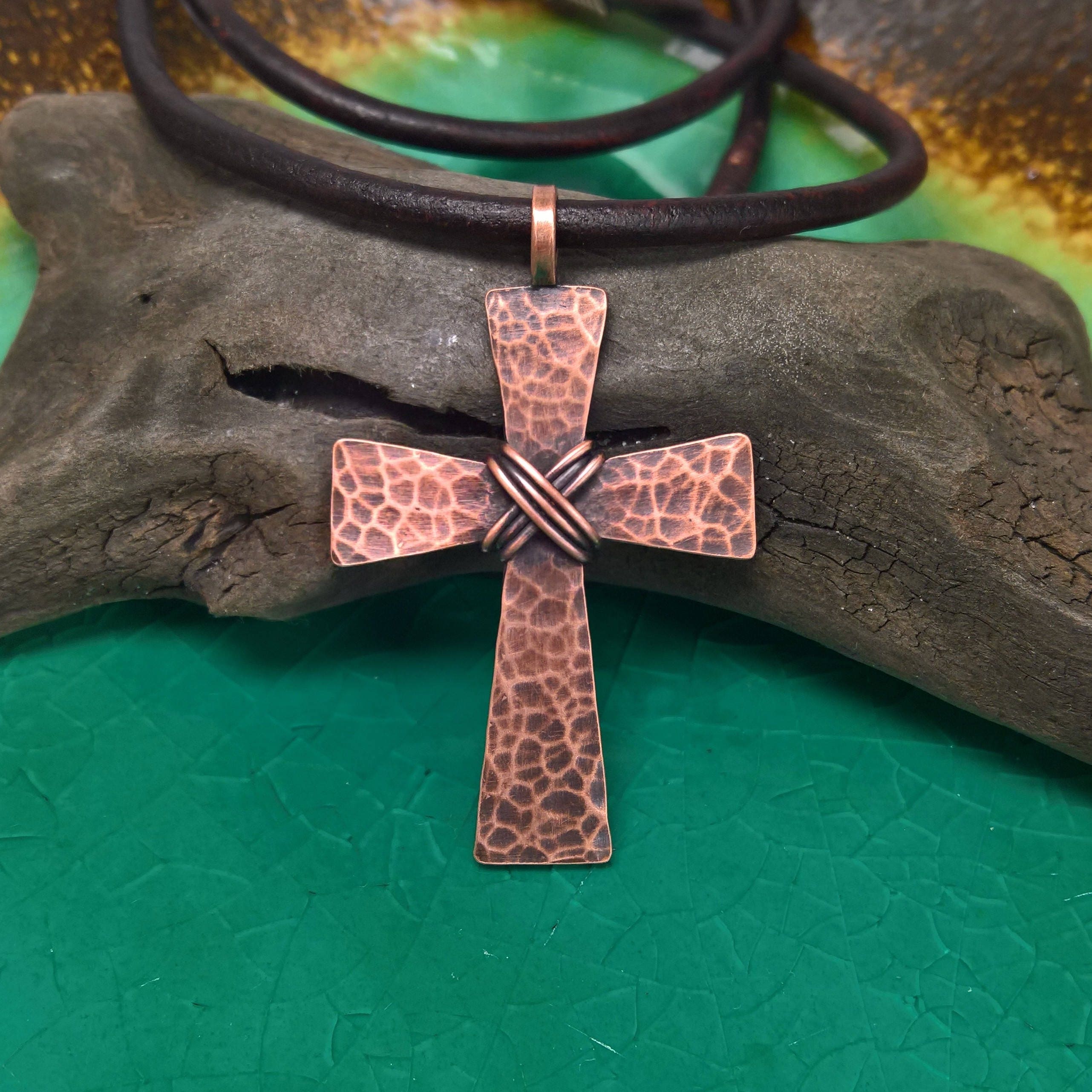 Mens Hammered Cross Necklace, Mens Copper Cross, Mens Cross Necklace,Mens Leather Cord,Mens Rustic Cross,Mens Distressed Cross,Cross Jewelry