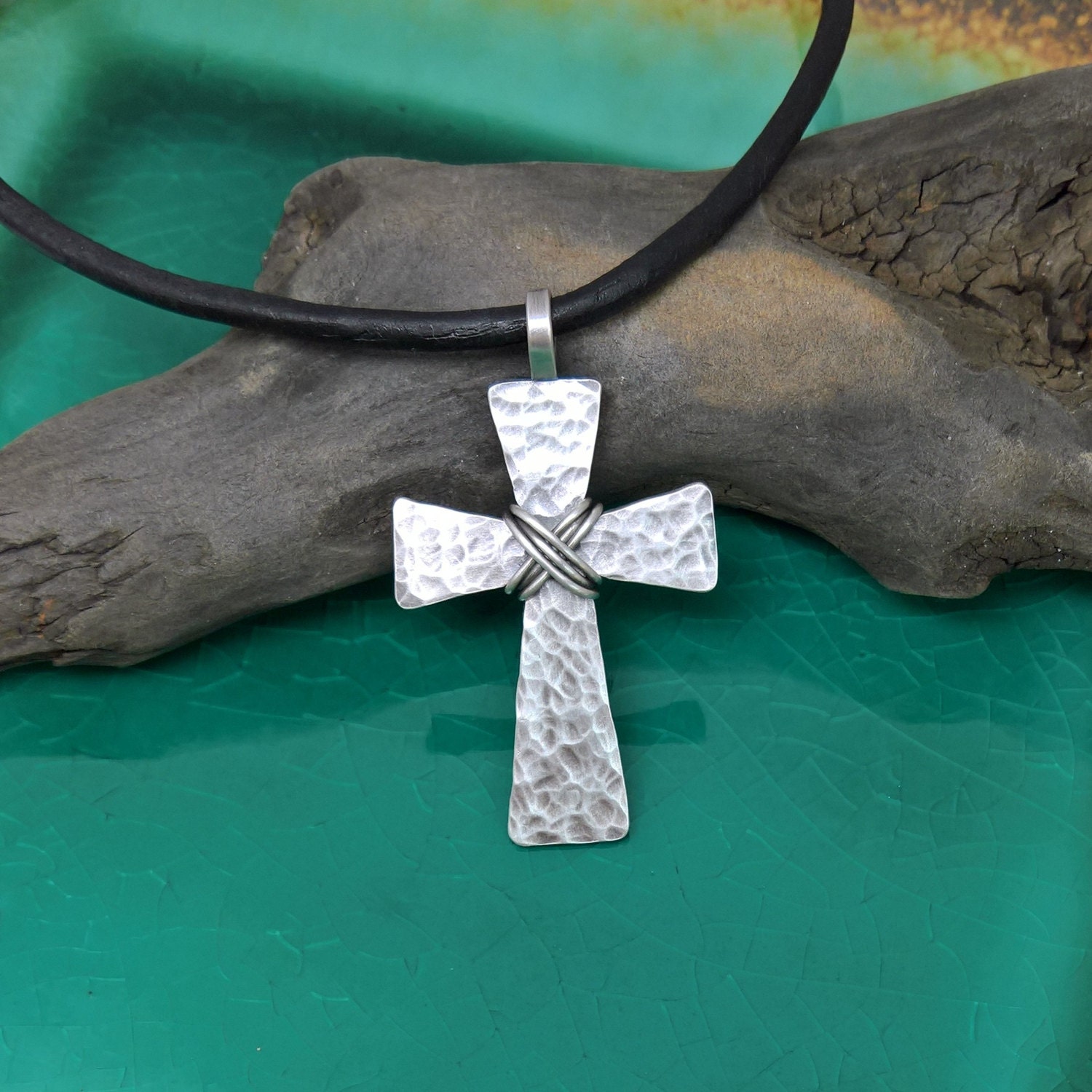 Mens Cross Necklace Mens Hammered Cross Mens Sterling Silver | Etsy