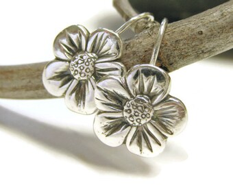 Sterling Silver Flower Earrings, Sterling Silver Daisy Earrings, French Hook Earrings, Floral Earrings