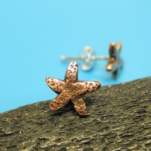 May include: A pair of silver stud earrings featuring a copper starfish design. The starfish is textured and has a slightly raised surface.
