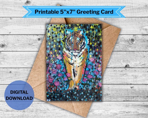 Tigress Strength Greeting Card – Printable 5x7” Card Featuring Original Acrylic Painting – Empowerment Art – DIY Cut & Fold Card